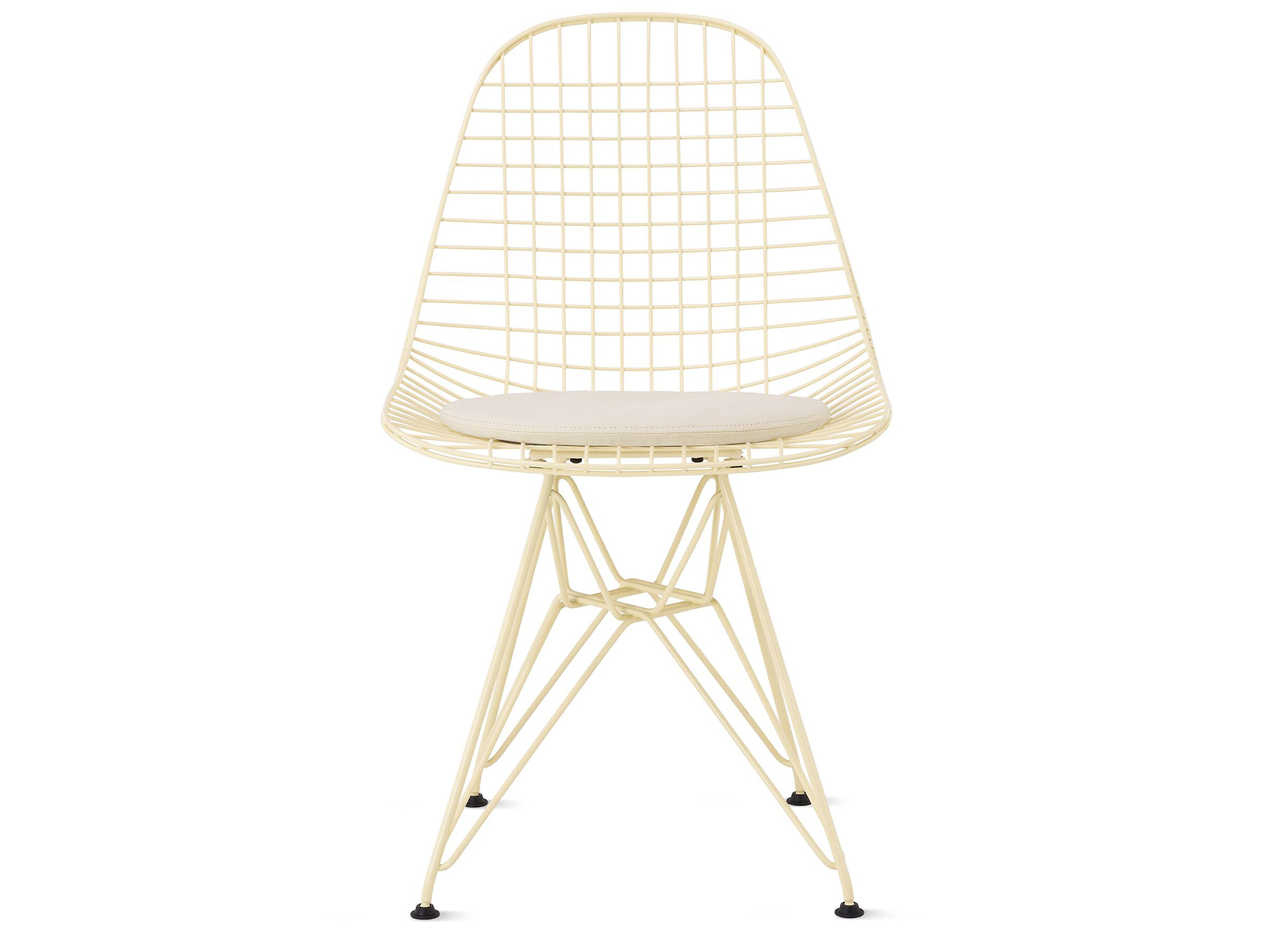 Powder yellow wire upholstered chair with wire base front view